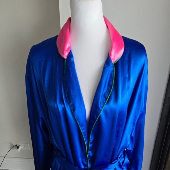 Victoria's Secret Royal Blue Satin Robe Pink Trim Small - Picture 5 of 8